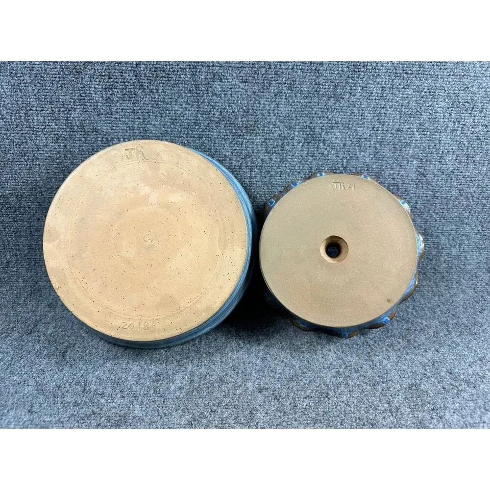 Handmade Ceramic Cake Stand Pedestal Pie Dessert Plate Blue Glaze Set of 2